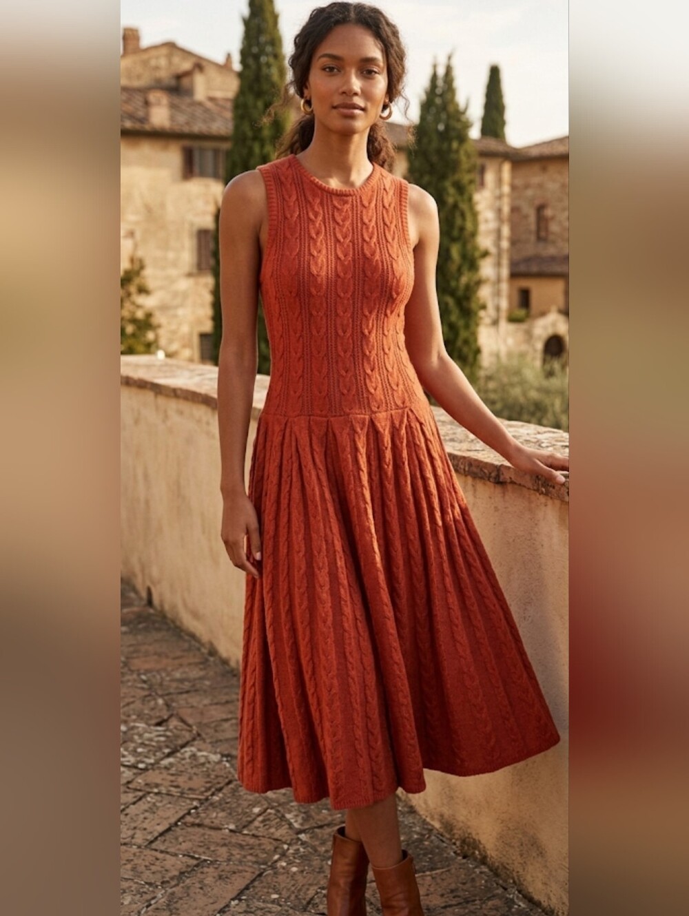 Anthropologie Far Away From Close Wool Cable Knit Fit Flare Midi Dress XS Rust